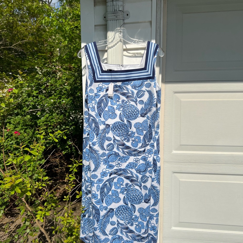 NWT Talbots Pretty White Blue Floral Sheath Square Neck Lined Dress